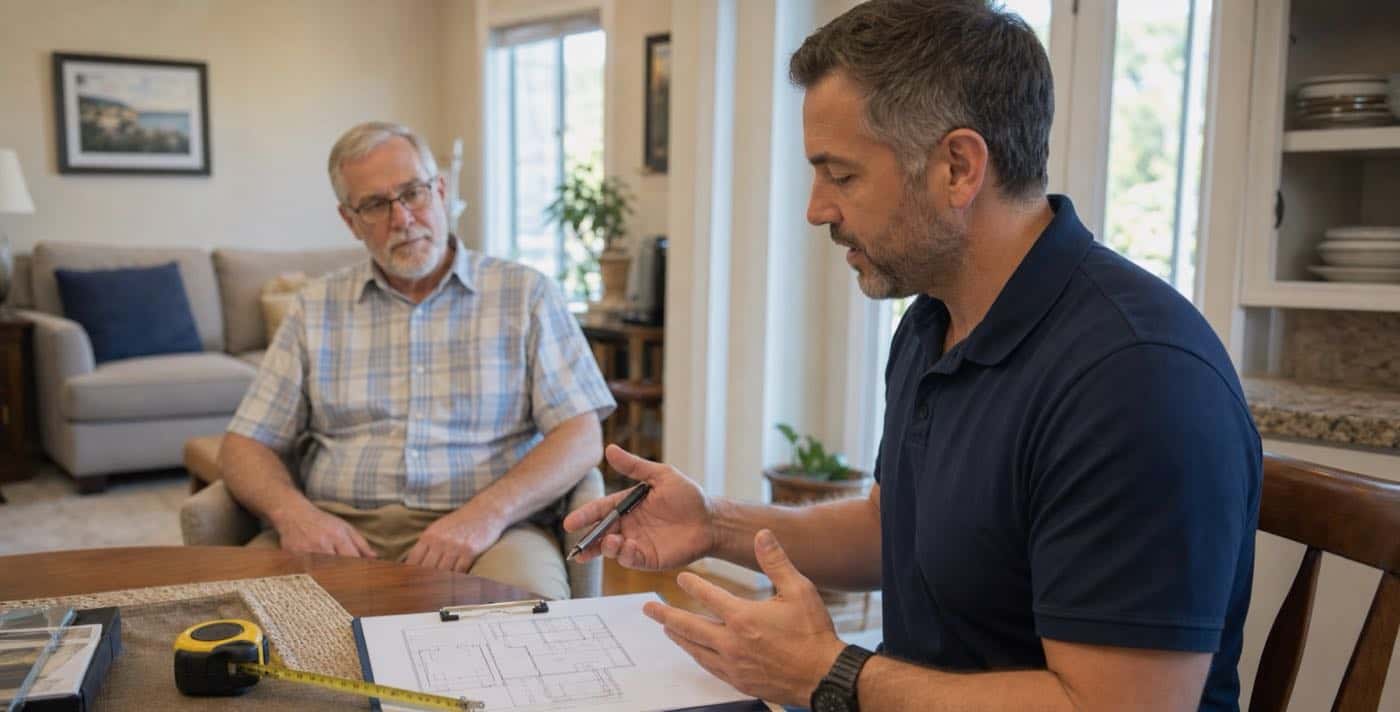 Male occupational therapist explaining a home-safety plan while an older adult listens