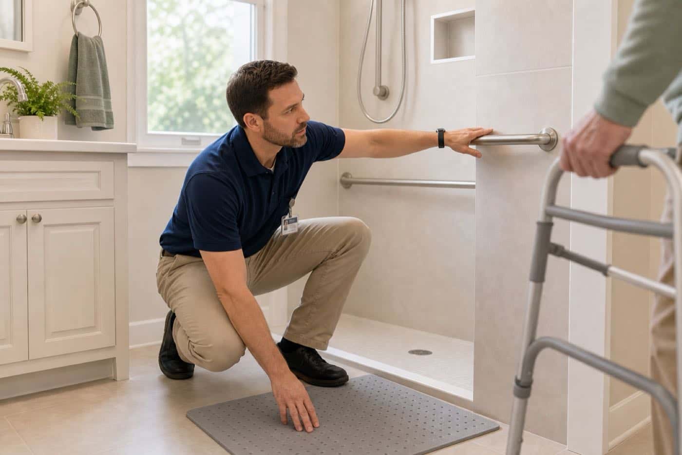 Male occupational therapist checking bathroom safety while an older adult observes