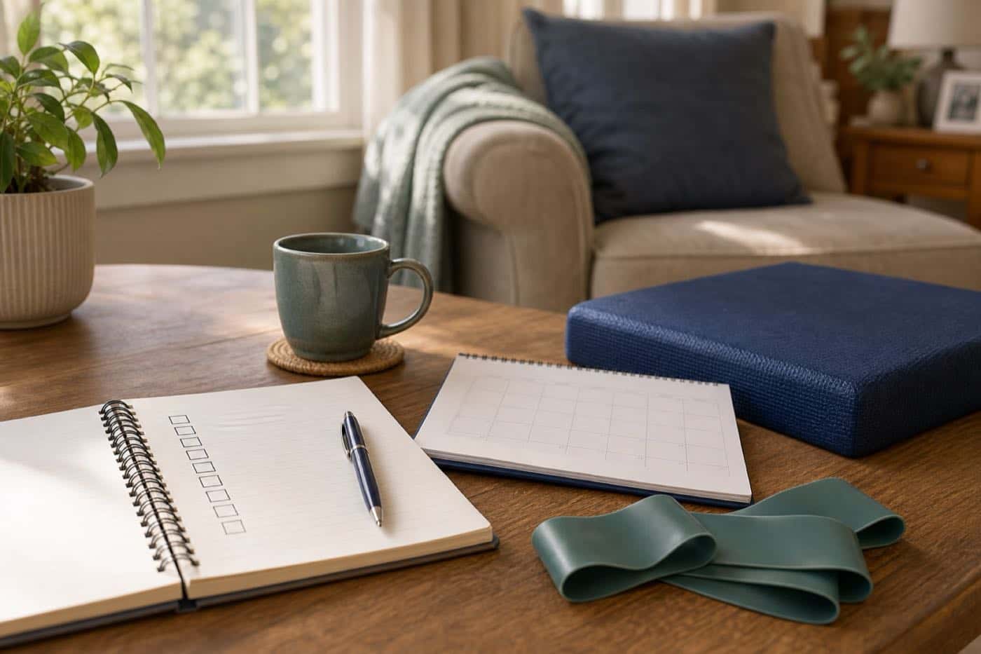 Notebook, resistance band, and balance pad arranged for a monthly home-safety tune-up