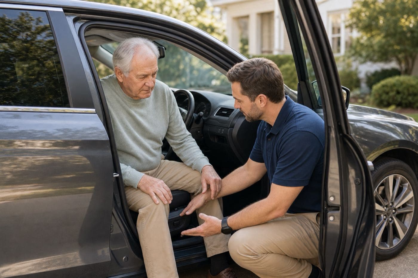 Male occupational therapist reviewing car access and seat positioning with an older adult
