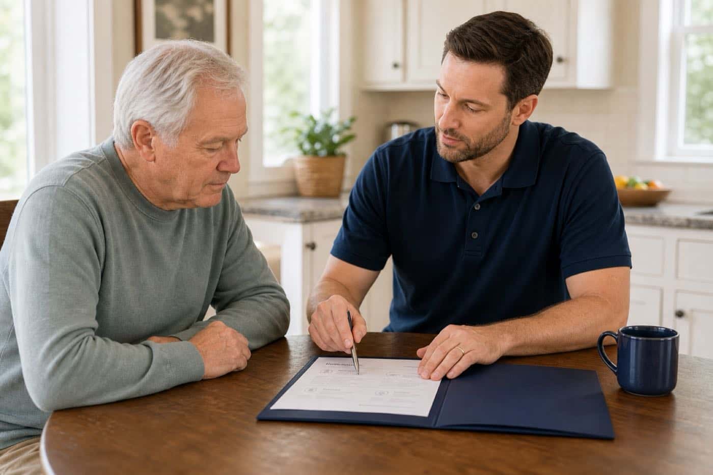 Male occupational therapist reviewing intake paperwork with an older adult
