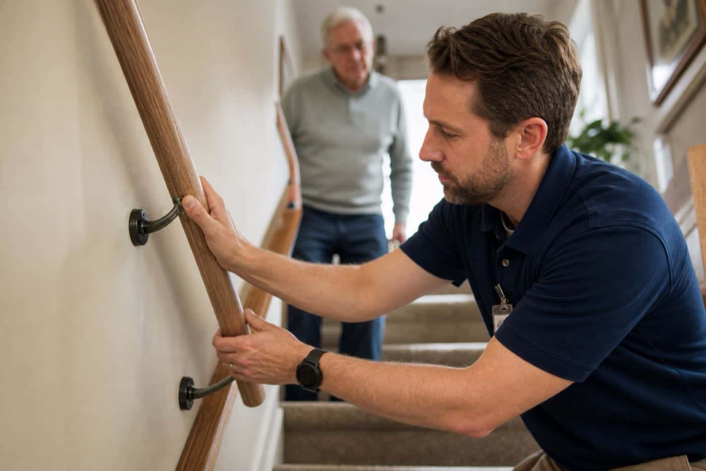 Male occupational therapist checking a stair handrail while an older adult watches