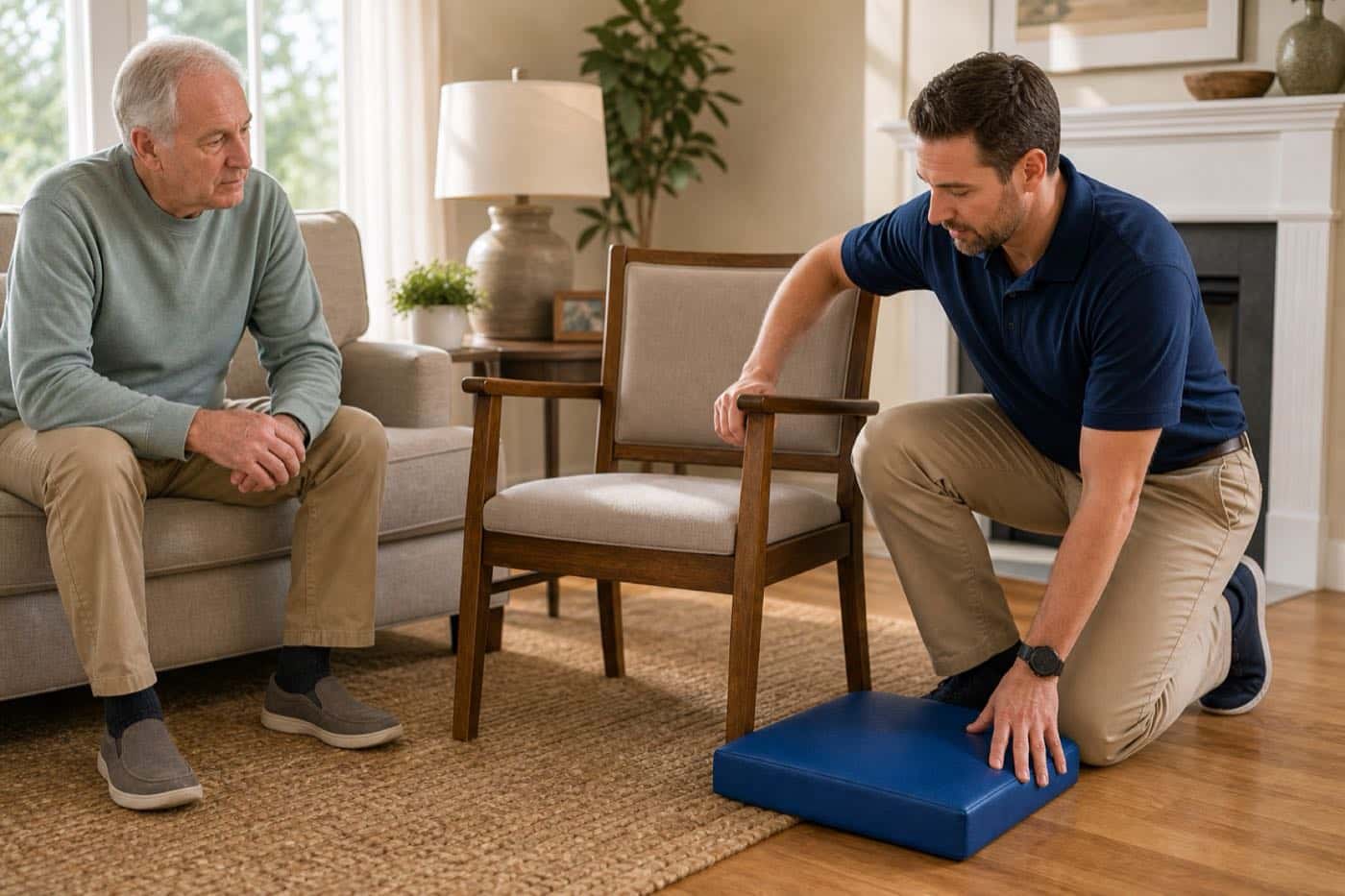 Male occupational therapist demonstrating fall-recovery setup while an older adult watches