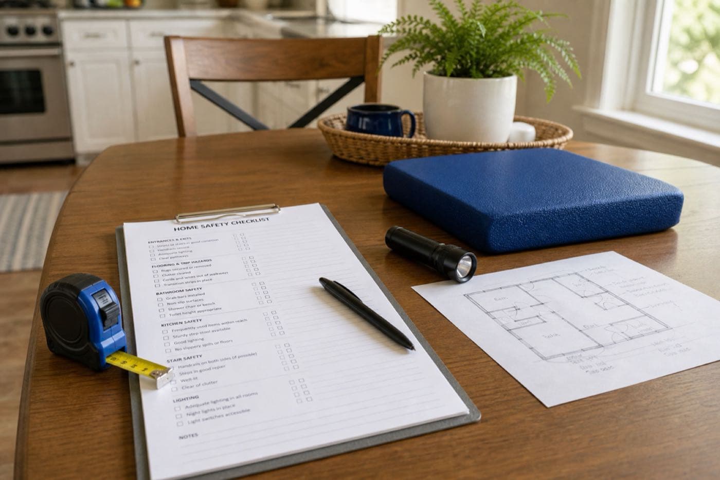 Home safety checklist, floor plan, measuring tape, and balance pad on a kitchen table