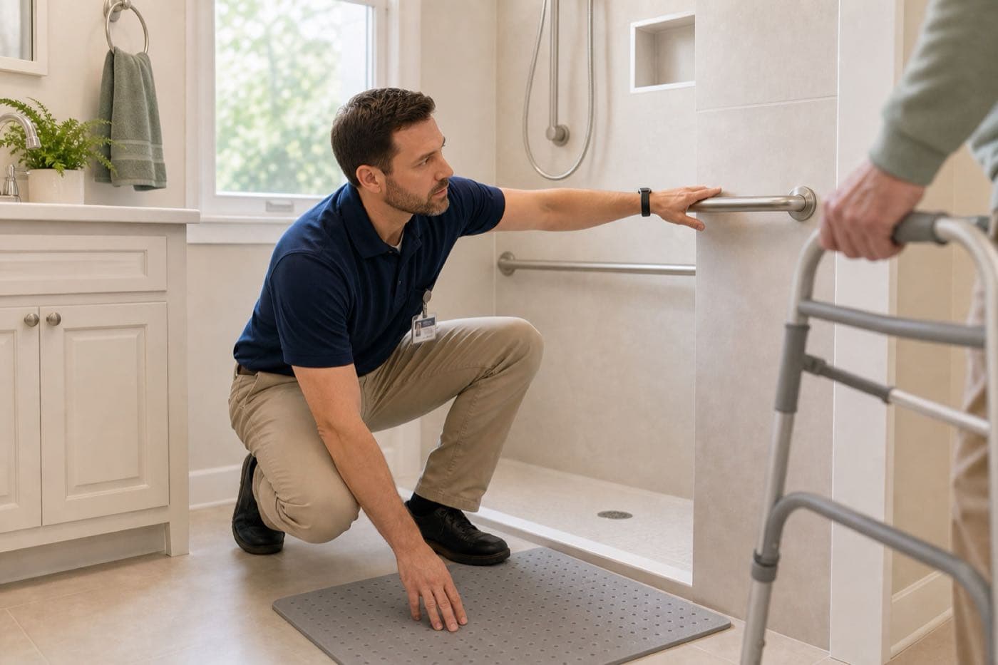 Male occupational therapist checking bathroom safety while an older adult observes