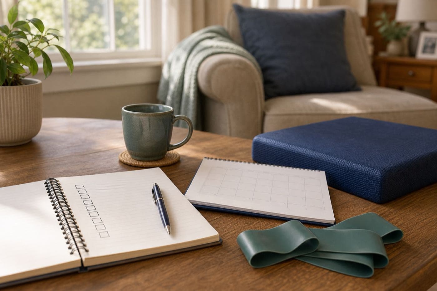 Notebook, resistance band, and balance pad arranged for a monthly home-safety tune-up