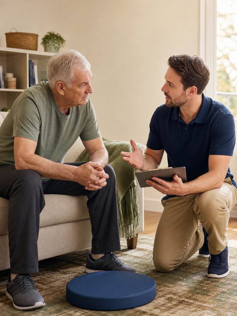Illustrative in-home safety consultation with an older adult and a male professional
